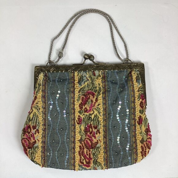 Vtg Christiana Beaded Purse Hand Bag Embroidered Floral Victorian Style Tapestry
